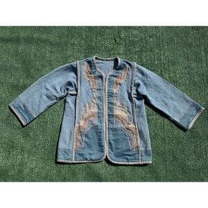 G GIRVIN Vintage Geometric Jacket Blue Natural Mid-Length Retro W’s M 70s 80s